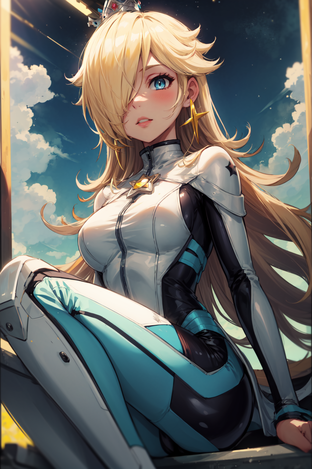 00548-996311426-masterpiece,best quality,1girl,blonde hair,blue eyes,crown,hair over one eye,star (symbol),star earrings,bikesuit,hill,sunlight,.png